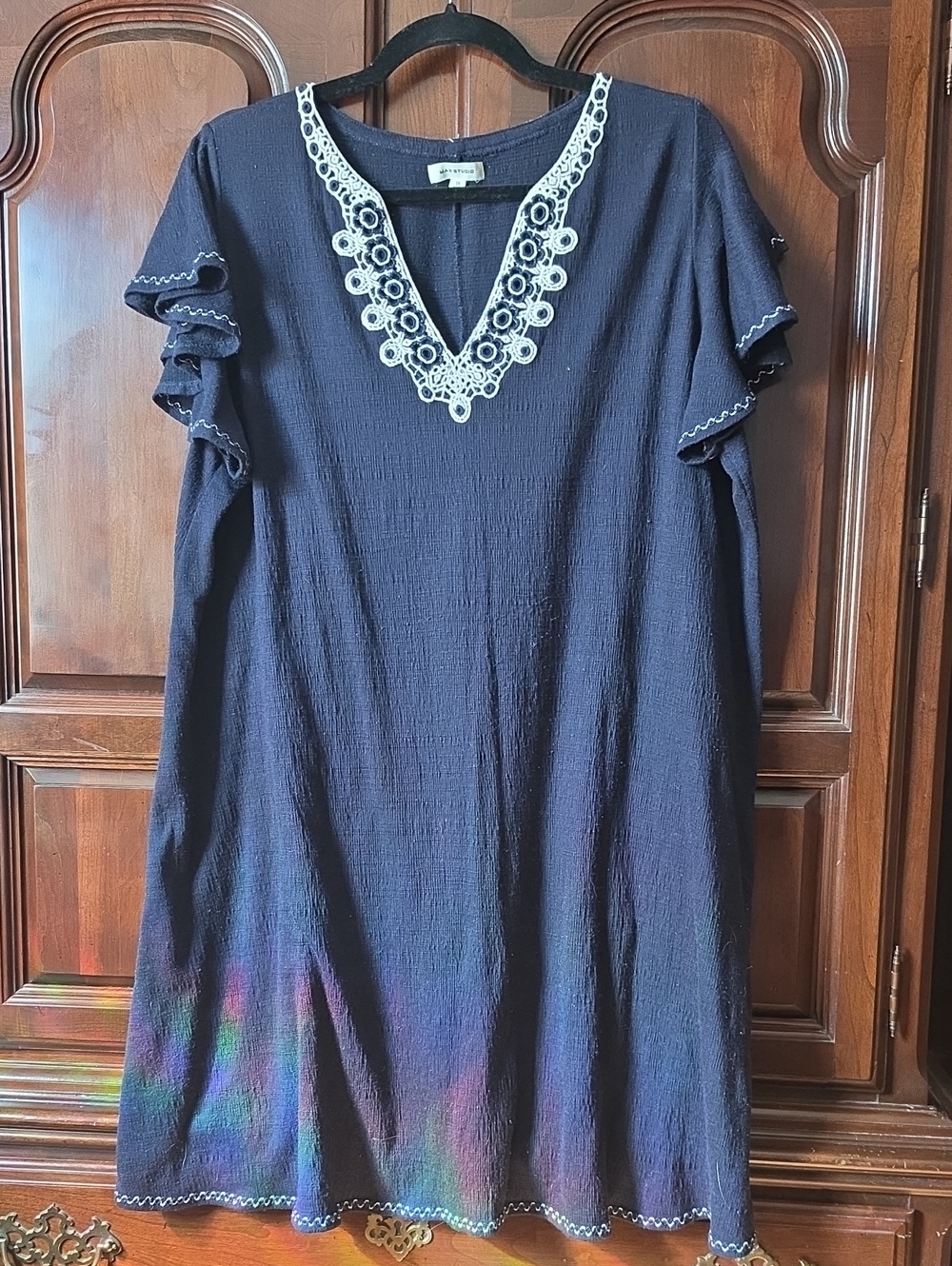 Women's Navy Dress with White Crochet V-Neck